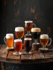 Variety of beer glasses on a wooden barrel - Assortment of different types of beer in various glasses displayed on a rustic wooden barrel with a dark backdrop
