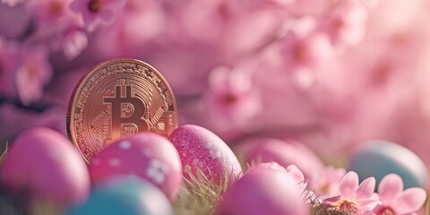 Digital currency physical metal bitcoin coin and Easter eggs.