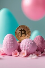 Digital currency physical metal bitcoin coin and Easter eggs.
