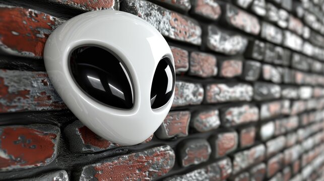   A tight shot of an alien head contrasted against a brick wall An object, half-white and half-black, lies beside it