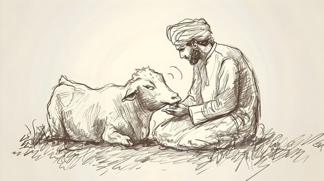 Sketched Depiction of the Qurbani Ritual Sacrifice During Eid al Adha Symbolizing Prophet Ibrahim s Devotion
