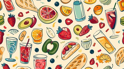 seamless pattern with fruits and glass of juice