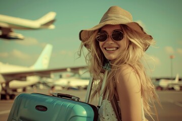 The captivating lady traveler represents a true style icon while standing near the plane at the airport. Her elegant posture and flawless appearance indicate that she is ready to embark on adventure