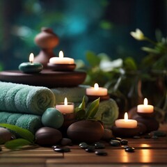 Stunning spa composition by towel, candle and flowers with beauty products