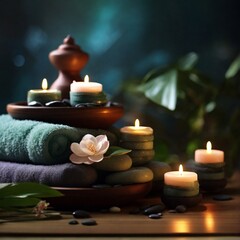Stunning spa composition by towel, candle and flowers with beauty products