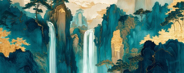 Abstract mountains. Aesthetic watercolor Chinese golden mountain with waterfall background wallpaper. illustration for prints wall arts and canvas.