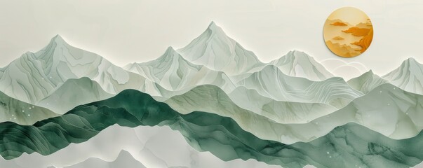 Chinese landscape minimalist design, Abstract mountains. Aesthetic watercolor Chinese mountain background wallpaper. illustration for prints wall arts and canvas.