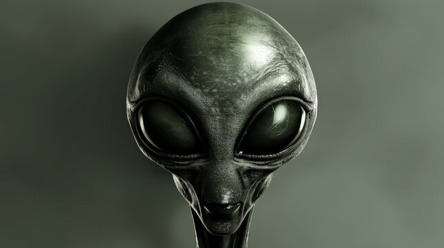   A detailed image of an alien head featuring green eyes and an expression suggestive of its kind, set against a monochromatic gray backdrop