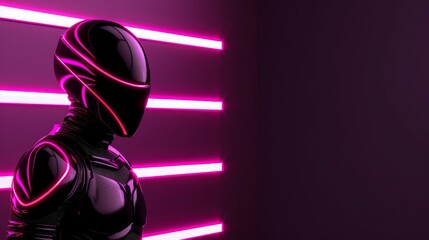   A man in a futuristic suit stands before a wall adorned with neon lights in the room's corners