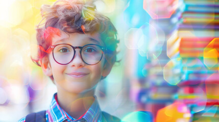 Back to school boy portrait concept image with a happy schoolboy with colorful class books - Powered by Adobe