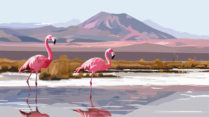 Pink flamingos in high-altitude lake Laguna Colorada - obrazy, fototapety, plakaty