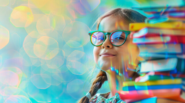 Back to school girl portrait concept image with a happy schoolgirl with colorful class books