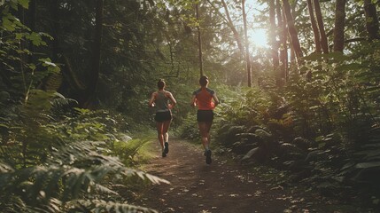 A couple of runners racing down a forest trail