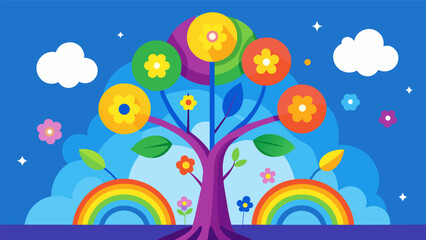 Fototapeta na wymiar A tree surrounded by a rainbow of vibrant blossoming flowers illustrating the rewards and benefits that come from seeking financial advice and