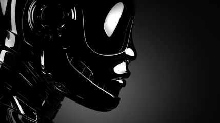   A monochrome image of a woman's profile, featuring a futuristic design element adjacent to her face