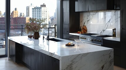 Elegant kitchen with white marble countertops and sleek black cabinetry under natural lighting