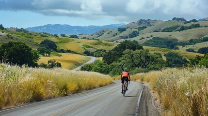 A cyclist pedaling into the distance on a country road