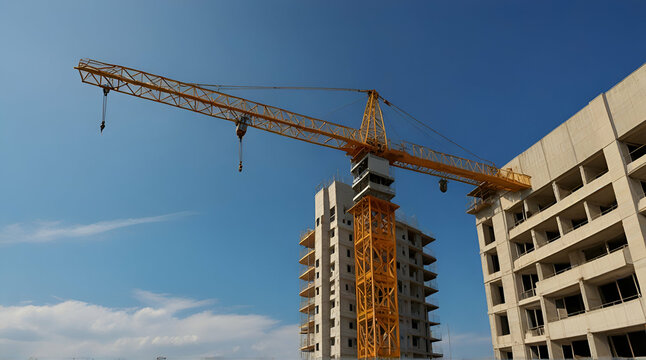 Crane and building construction site against blue sky, Generative.AI
