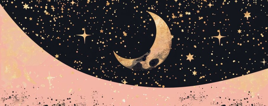 Tarot card style with moon and stars , starry night sky, whimsical beautiful moon and stars illustrations background wallpaper. moon and stars illustration for prints wall arts and canvas.