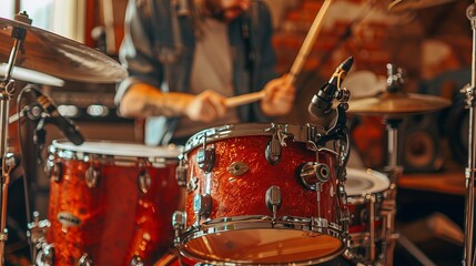 Obraz premium A drummer laying down beats on a drum kit in a recording session