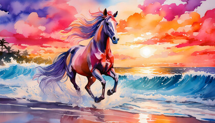 Obraz na płótnie Canvas a vibrant watercolor painting of a horse in full gallop on a beach at sunset, with splashing waves and vivid colors in the sky