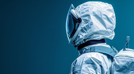   A man in a spacesuit gazes away from the camera, helmet and goggles concealing his face - obrazy, fototapety, plakaty