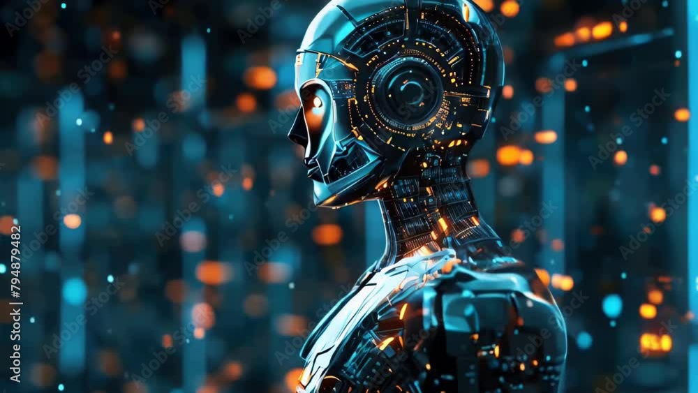 Poster a robot with a face and a head that is surrounded by a lot of lights