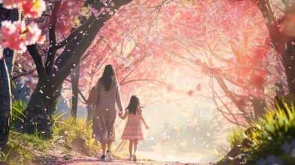 A mother and daughter walking into a cherry blossom garden