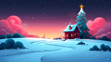 Naklejka premium Illustrate a snowy village scene with quaint cottages, winding streets, and a towering Christmas tree in the town square.