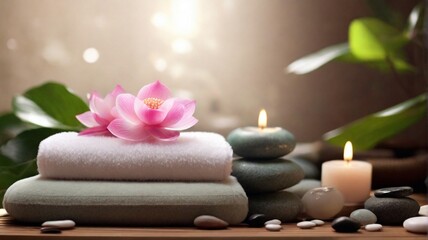 Fototapeta na wymiar Stunning spa composition by towel, candle and flowers with beauty products