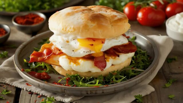 A plate of a bacon and egg sandwich with a side of greens