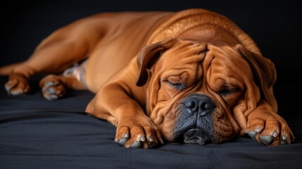   A tight shot of a dog reclining on a bed, its head atop the pillow - obrazy, fototapety, plakaty