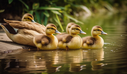 A family of fluffy ducklings waddling in a row behind their mother near a tranquil pond. - obrazy, fototapety, plakaty