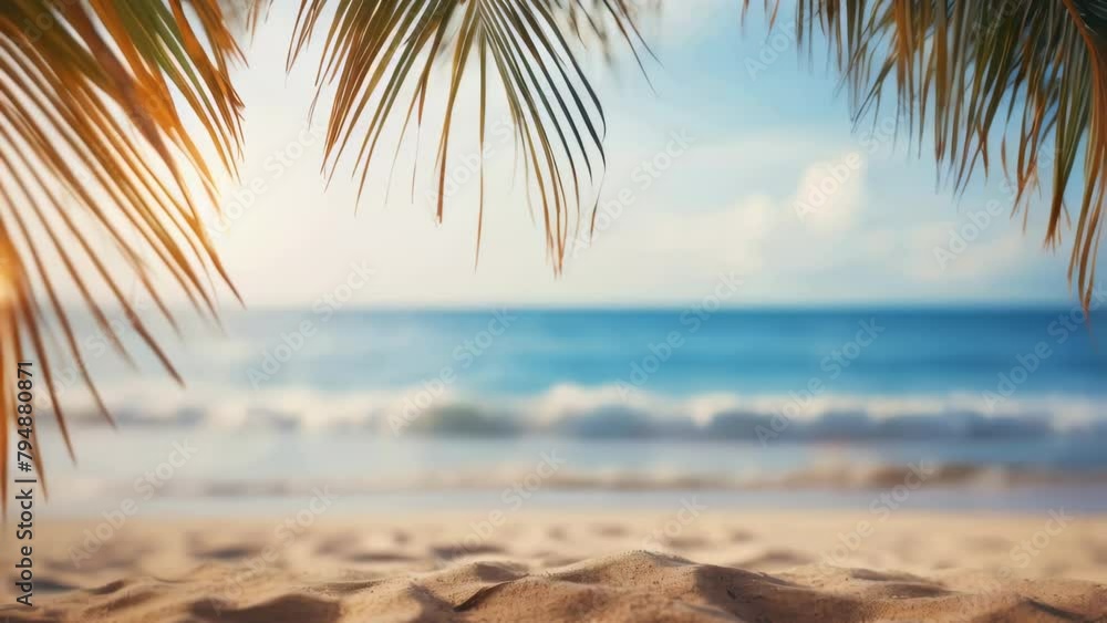 Poster a beach scene with a palm tree in the foreground and the ocean in the background