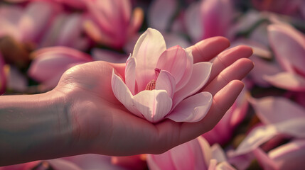In a sea of pink flowers, a woman holds a magenta flower in her hand. The terrestrial plant belongs to the Rose family, creating a beautiful macro photography event - obrazy, fototapety, plakaty