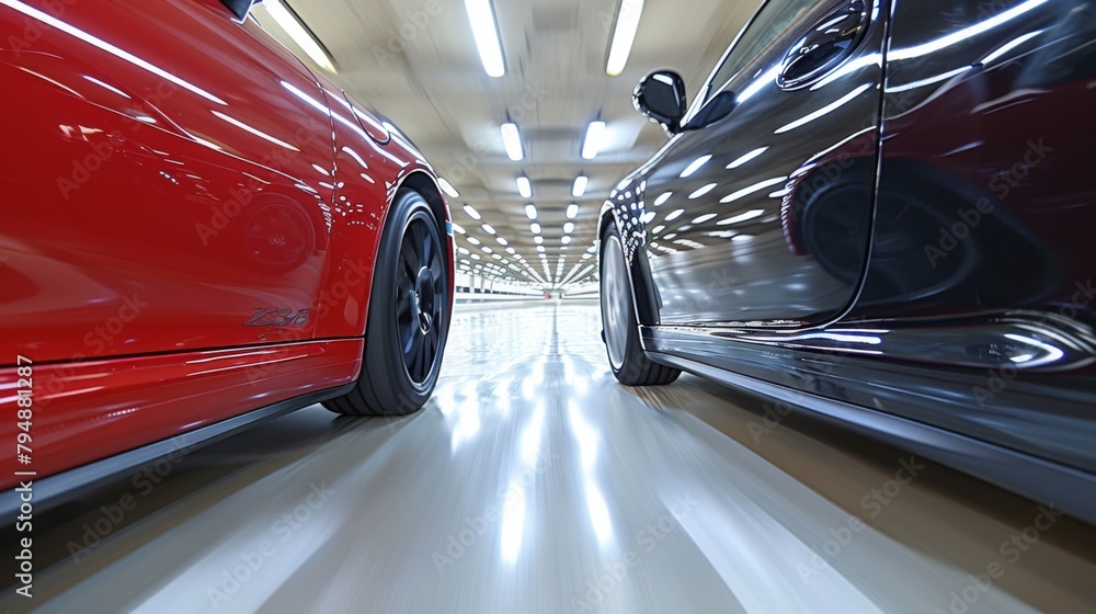 Poster illustrate a minor collision between two cars trying to exit a crowded parking garage.
