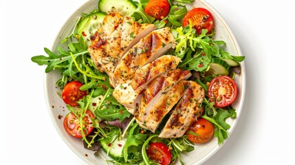 A plate of salad with grilled chicken and tomatoes