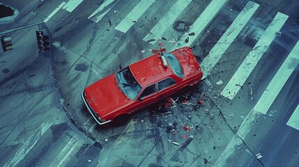 Create a scene of a T-bone collision at a busy downtown intersection, with cars spun out and debris scattered. - obrazy, fototapety, plakaty