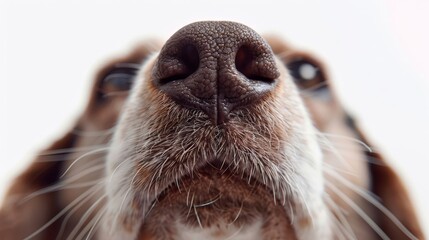   A tight shot of a dog's nostrils and eyes gazing upward at the camera