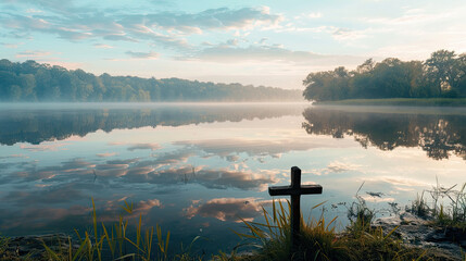 Lake Reflections: Tranquil Water Mirroring Sky with Rustic Wooden Cross
