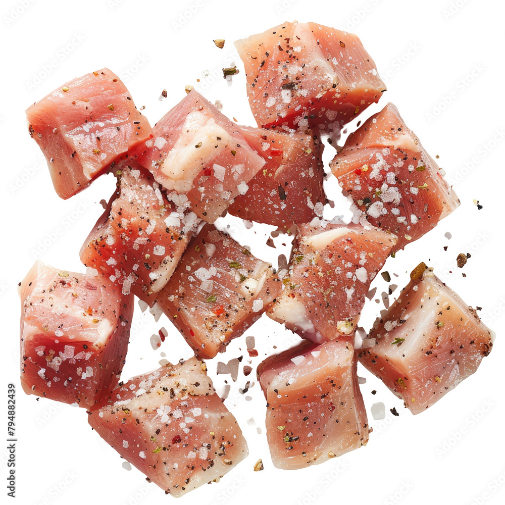 Canvas Prints Chunks of fresh pork seasoned with salt and pepper prepped for cooking set against a transparent background