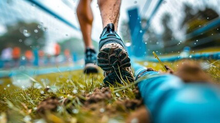 Close-up of a runner's feet on a challenging obstacle course