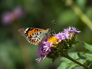 photo selective focus shot of speckled wood butterfly on a little flower