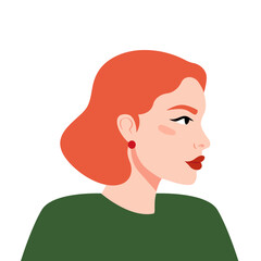 Red-haired girl side view. Young beautiful girl with ginger hair. Girl avatar, young female character face, portrait with ginger hair for social networks or user profiles in internet. Cartoon