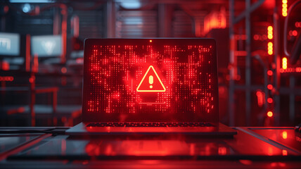 An intense visualization of a cybersecurity threat with a warning icon dominating a laptop screen, set against the backdrop of a high-tech server room