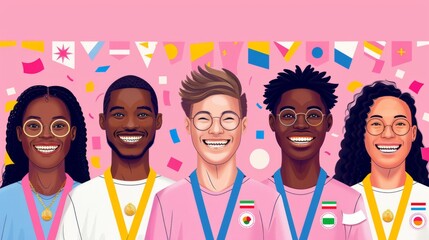 Joyful illustration portraying the joy and celebration of medal ceremonies at both the Summer and Winter Olympics, with athletes standing - obrazy, fototapety, plakaty