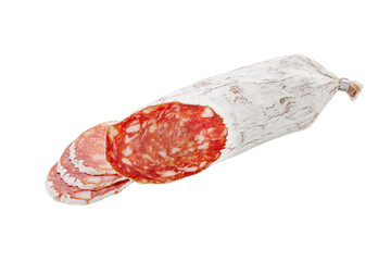 slices traditional Spanish salami fuet sausage or dry sausage covered fermented mold isolated on a...