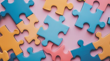   A collection of puzzle pieces atop a pink-blue tabletop; one piece is absent