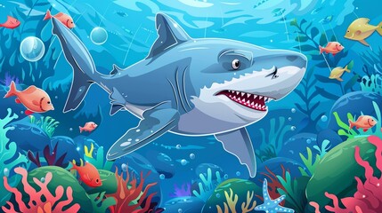 shark in the sea with coral reef