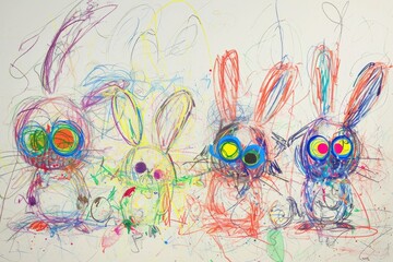 The hand drawing colourful picture of the group of the various type of the rabbit that has been drawn by a colored pencil or crayon on the white background that seem to be drawn by the child. AIGX01.